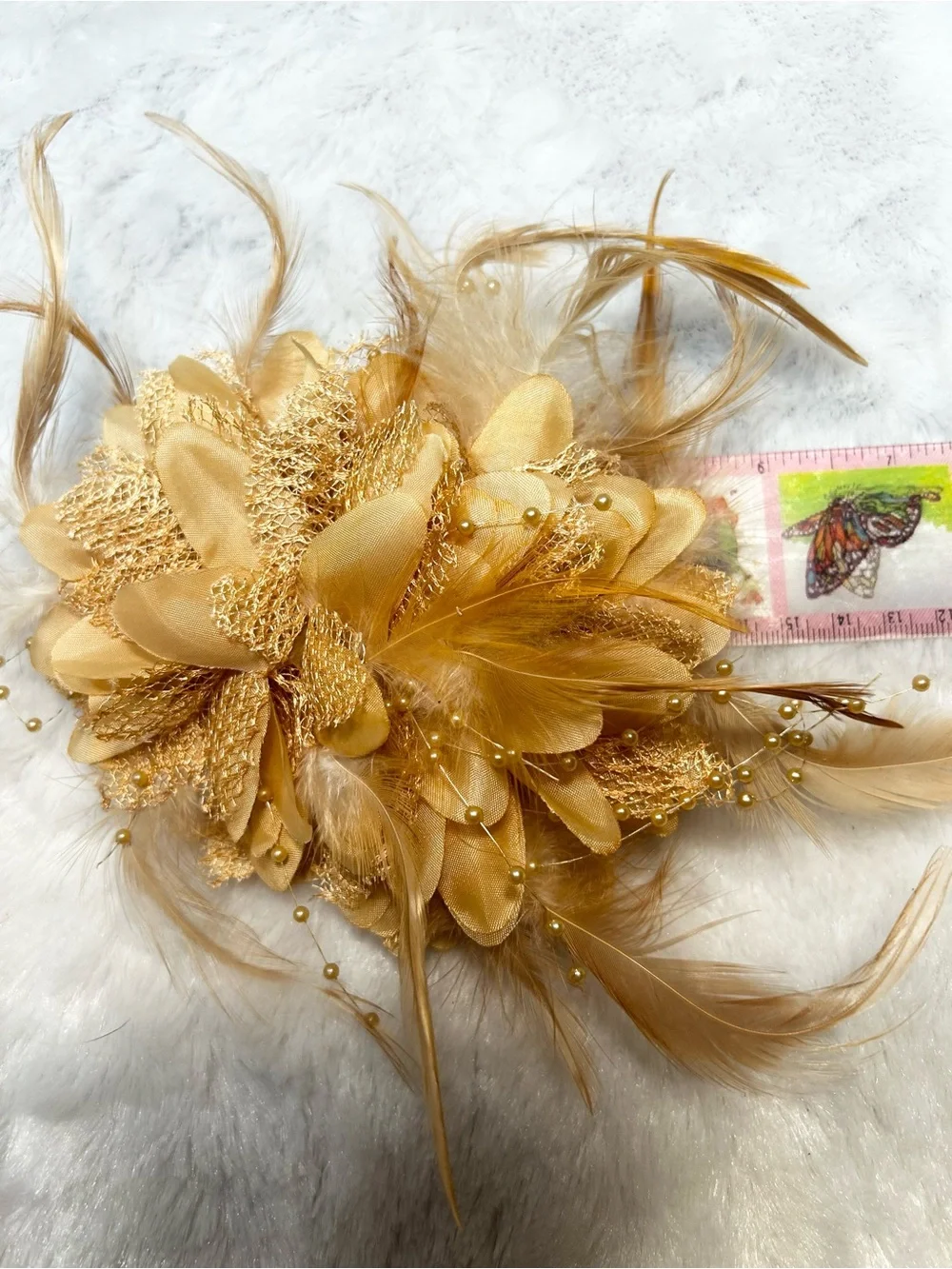 Gold Floral Fascinator Wedding Prom Party Hair Clip Head Piece W/Beads Feathers